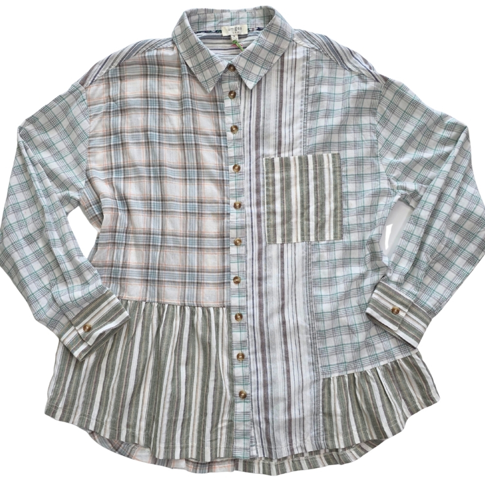 Umgee Plaid Striped Patchwork Ruffle Hem Top Blou… - image 9